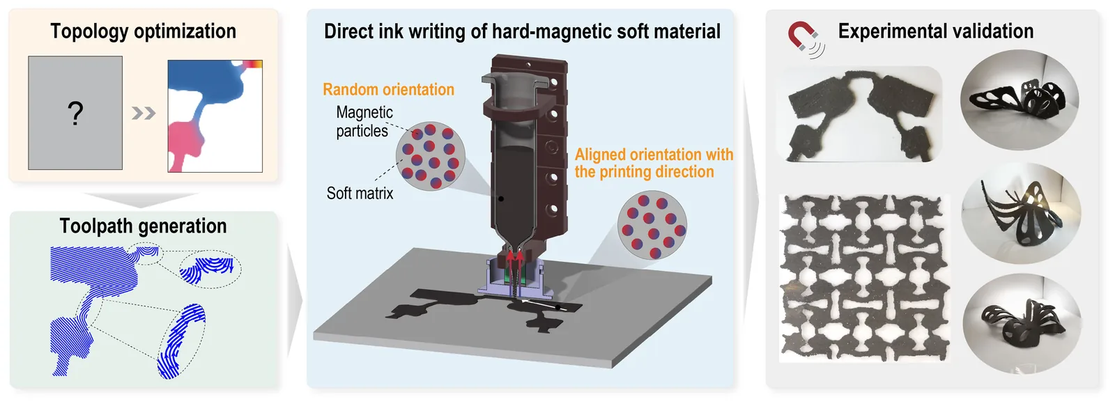 Fabrication-aware design and direct-ink-writing for hard-magnetic soft materials.