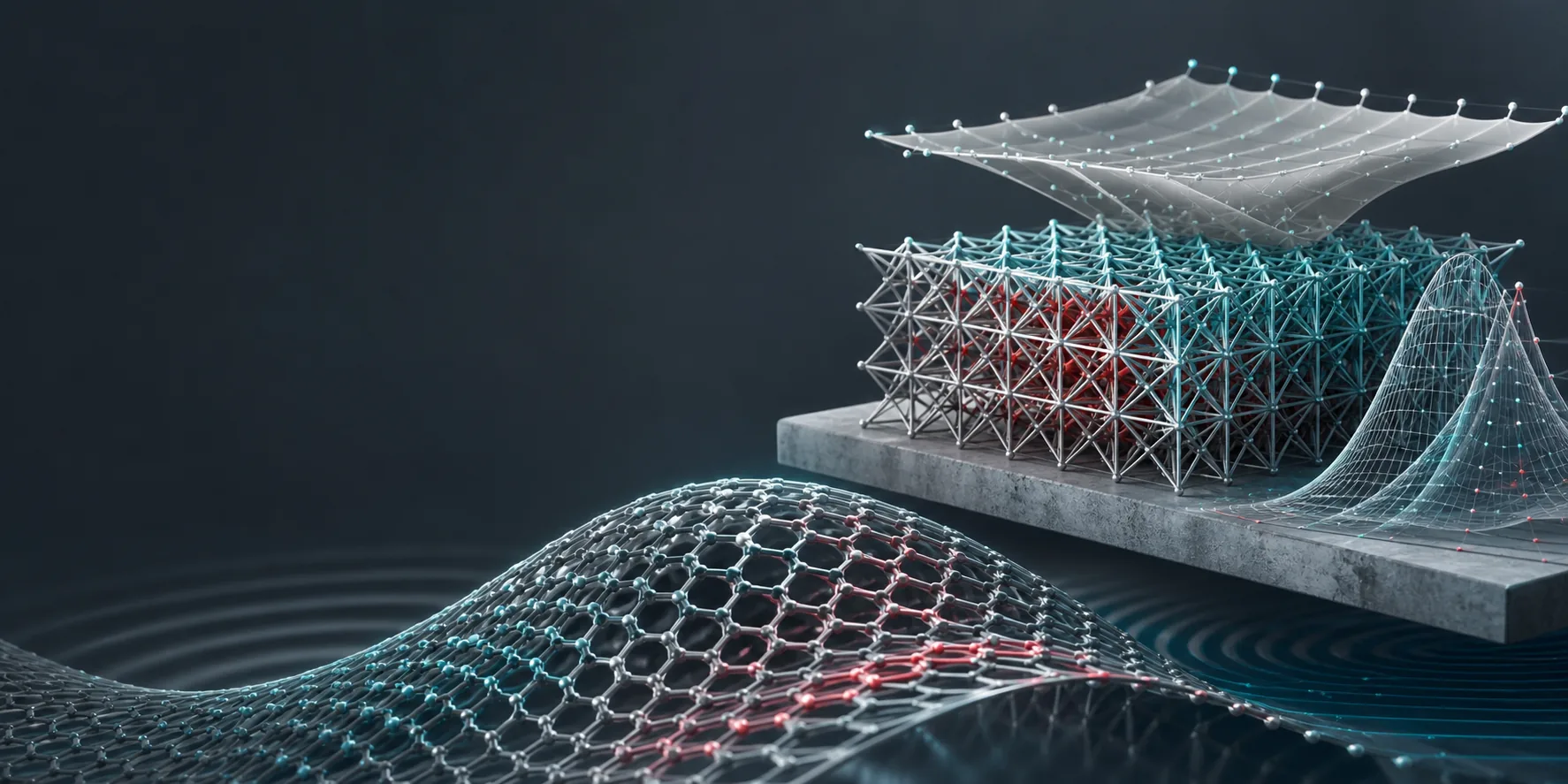 Abstract visualization of architected lattice materials, computational surfaces, and wave response.